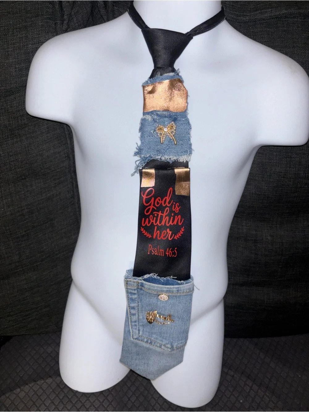 Statement Satin & Denim Religious Tie - Black, Blue, Gold